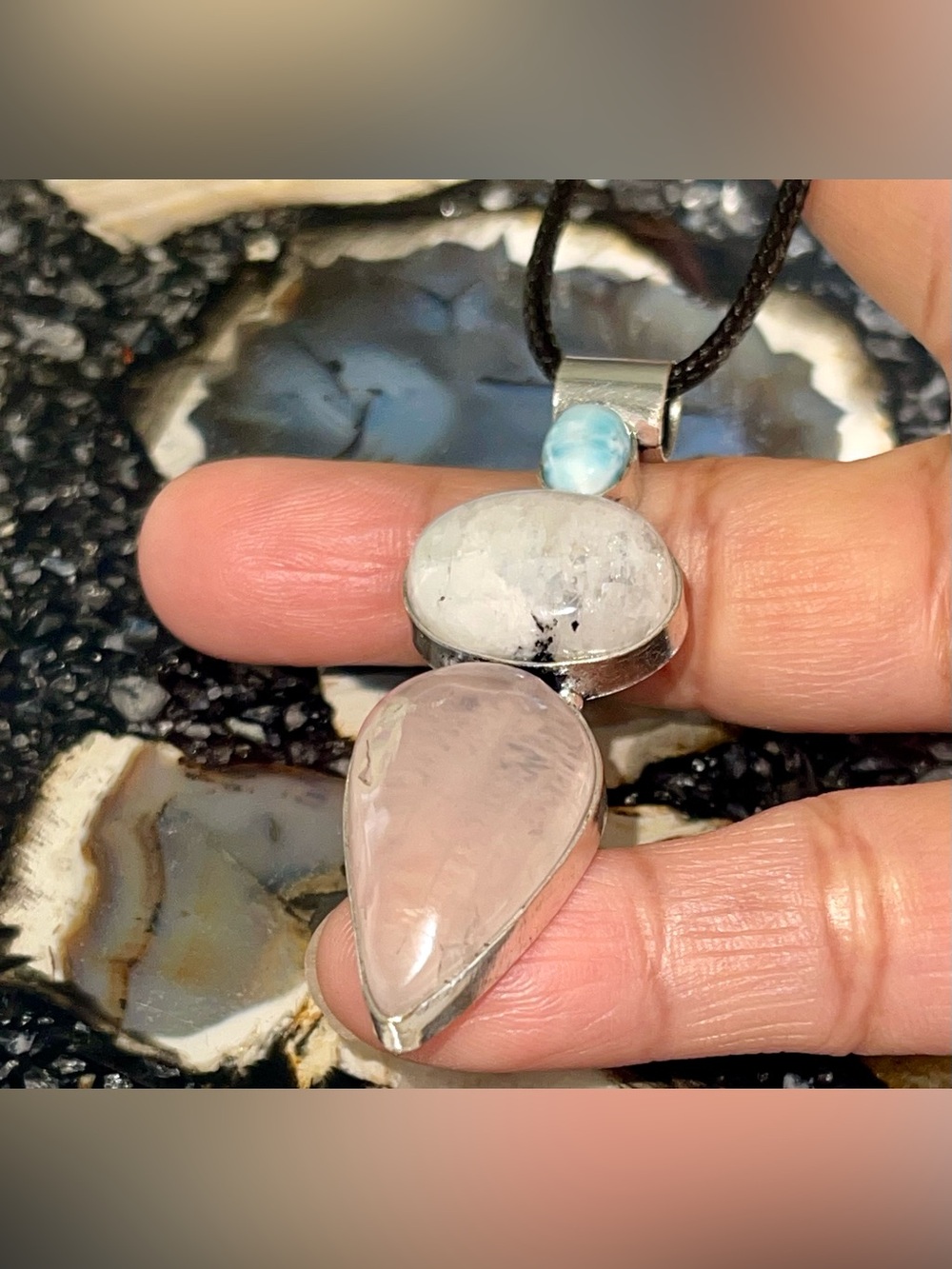Petite Larimar, Rainbow Moonstone & Rose Quartz Crystal Pendant 2 1/2” - Picture 13 of 17